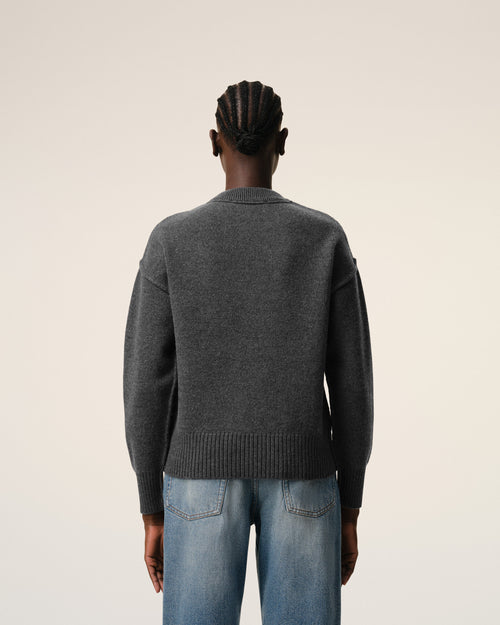 Grey Wool Crewneck Sweater With Contrasted Ami De Coeur - Woman - 11 - AMI Paris - Ami Paris