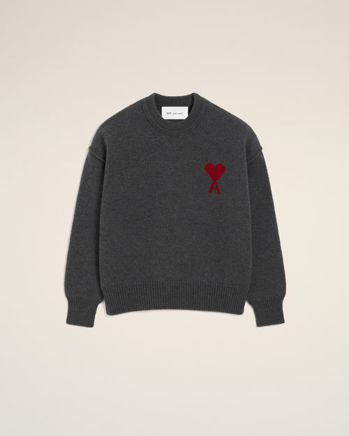 Grey Wool Crewneck Sweater With Contrasted Ami De Coeur - HEATHER GREY/RED - Ami Paris