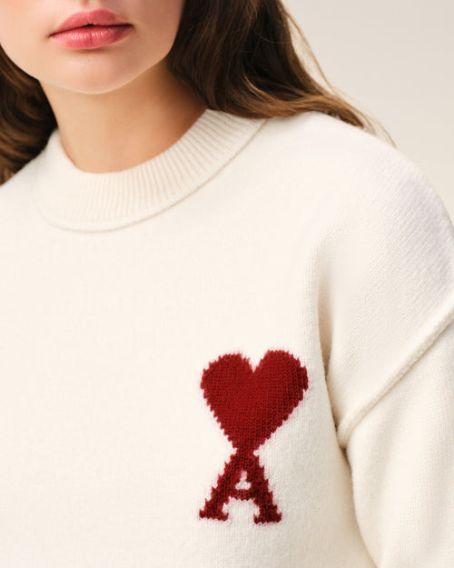 Natural Wool Crewneck Sweater With Contrasted Ami De Coeur - 10 - Ami Paris