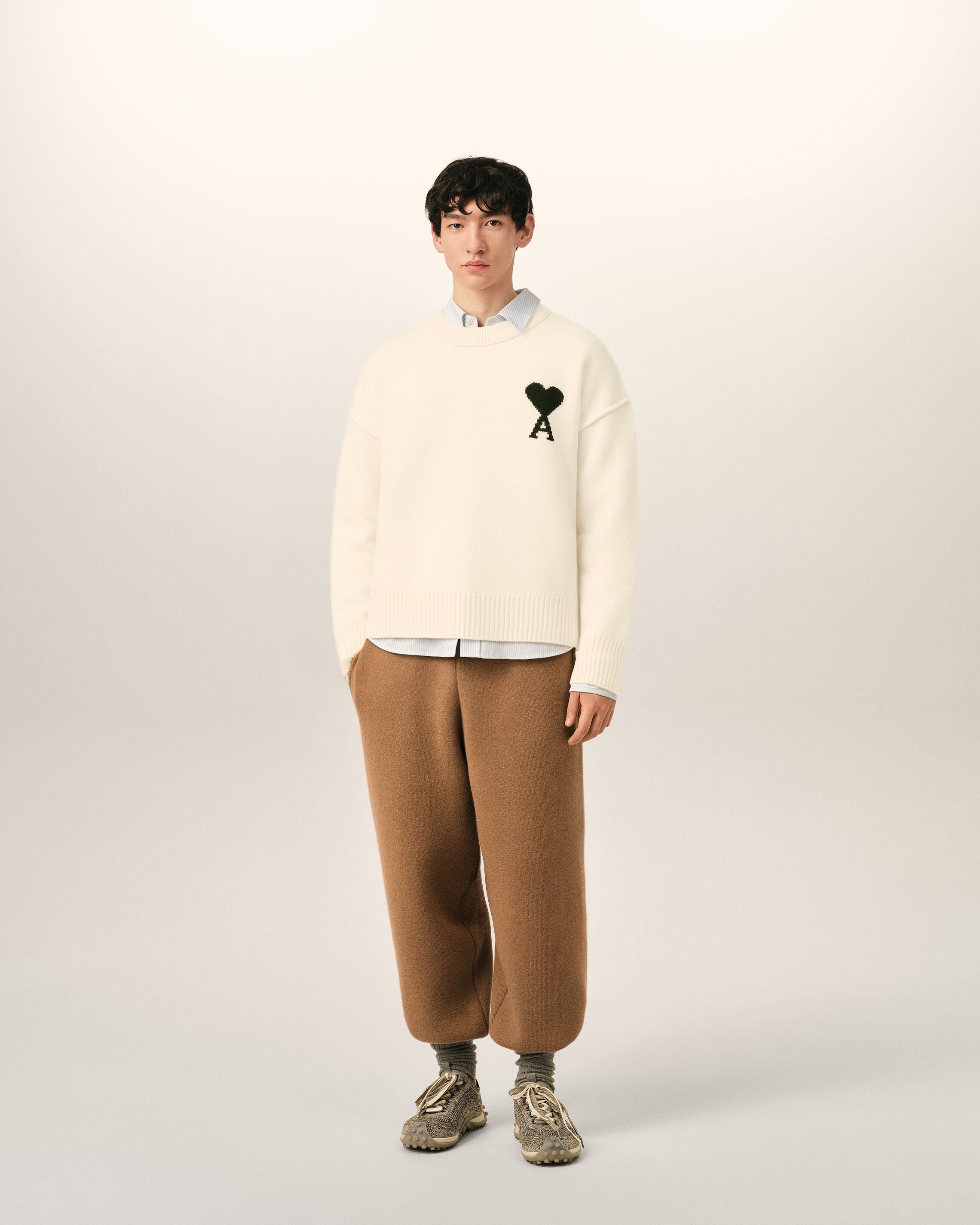 【AmiParis　クルーネックセーター 白 XL】 ホワイト ウール Ami De Coeur クルーネック セーター オフホワイト
