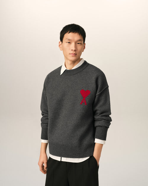 Grey crewneck wool sweater with Ami de Coeur - Man - 2 - AMI Paris - Ami Paris