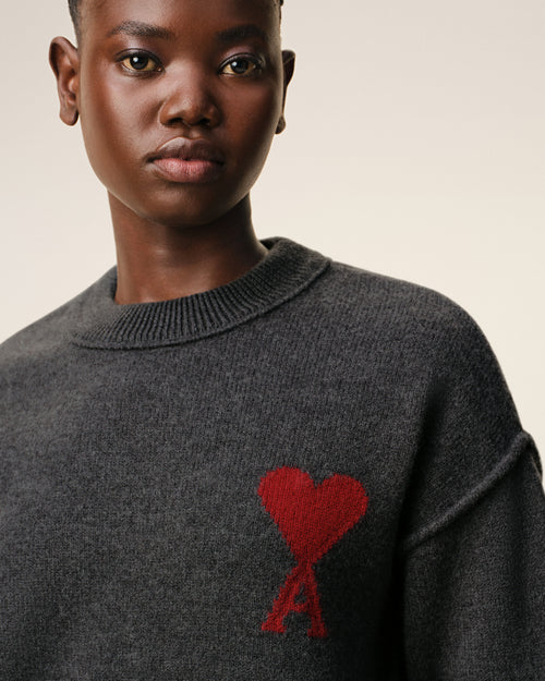 Grey Wool Crewneck Sweater With Contrasted Ami De Coeur - Woman - 10 - AMI Paris - Ami Paris