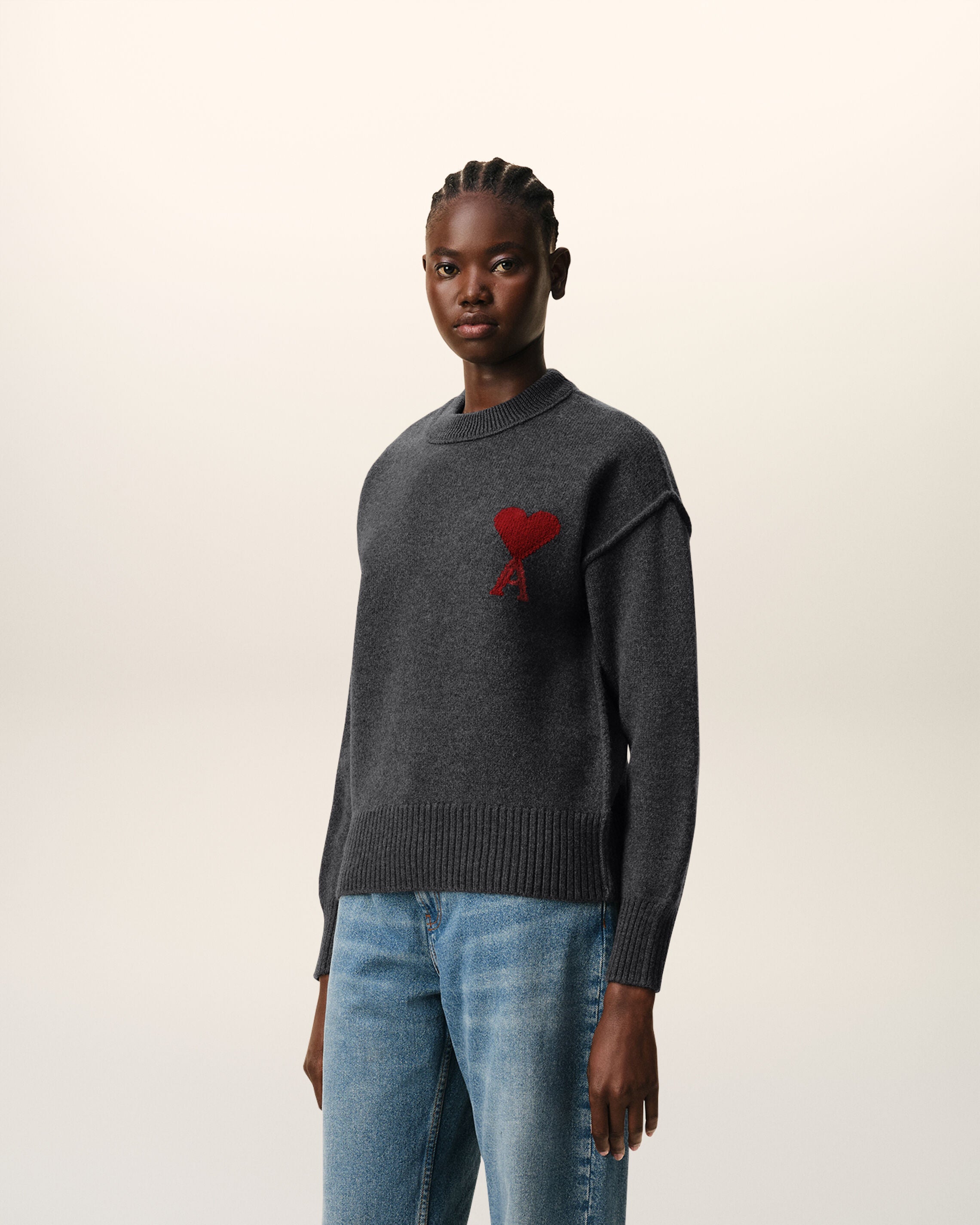 Grey Wool Crewneck Sweater With Contrasted Ami De Coeur - 12