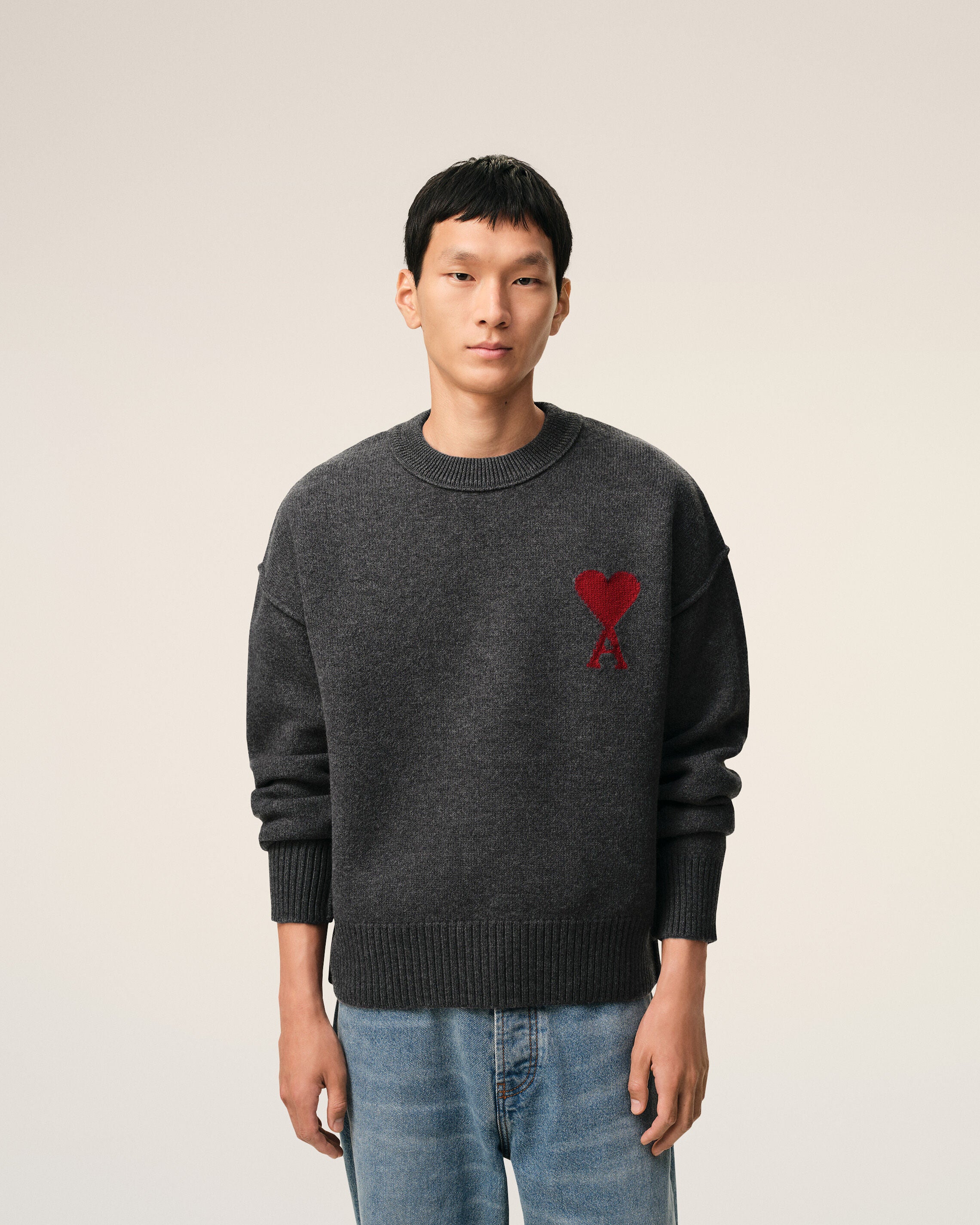 Grey Wool Crewneck Sweater With Contrasted Ami De Coeur - 3