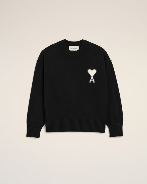 Black crewneck wool sweater with Ami de Coeur - BLACK/OFF WHITE - Ami Paris