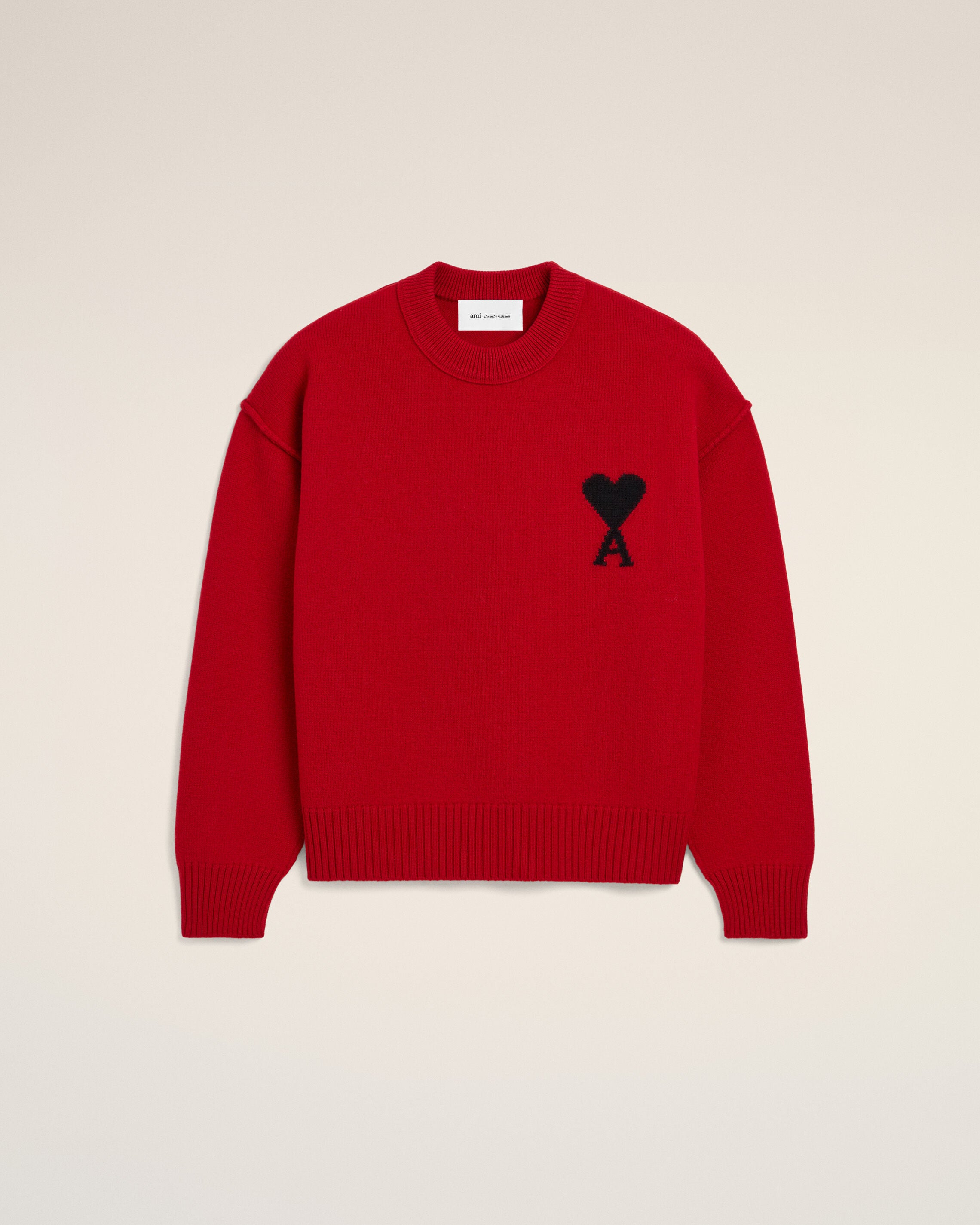 Red crewneck wool sweater with Ami de Coeur - 1