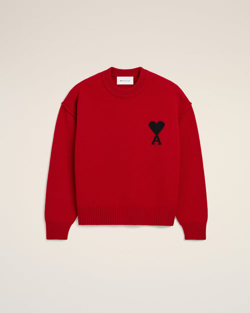 Red crewneck wool sweater with Ami de Coeur - Man - 1 - AMI Paris - Ami Paris