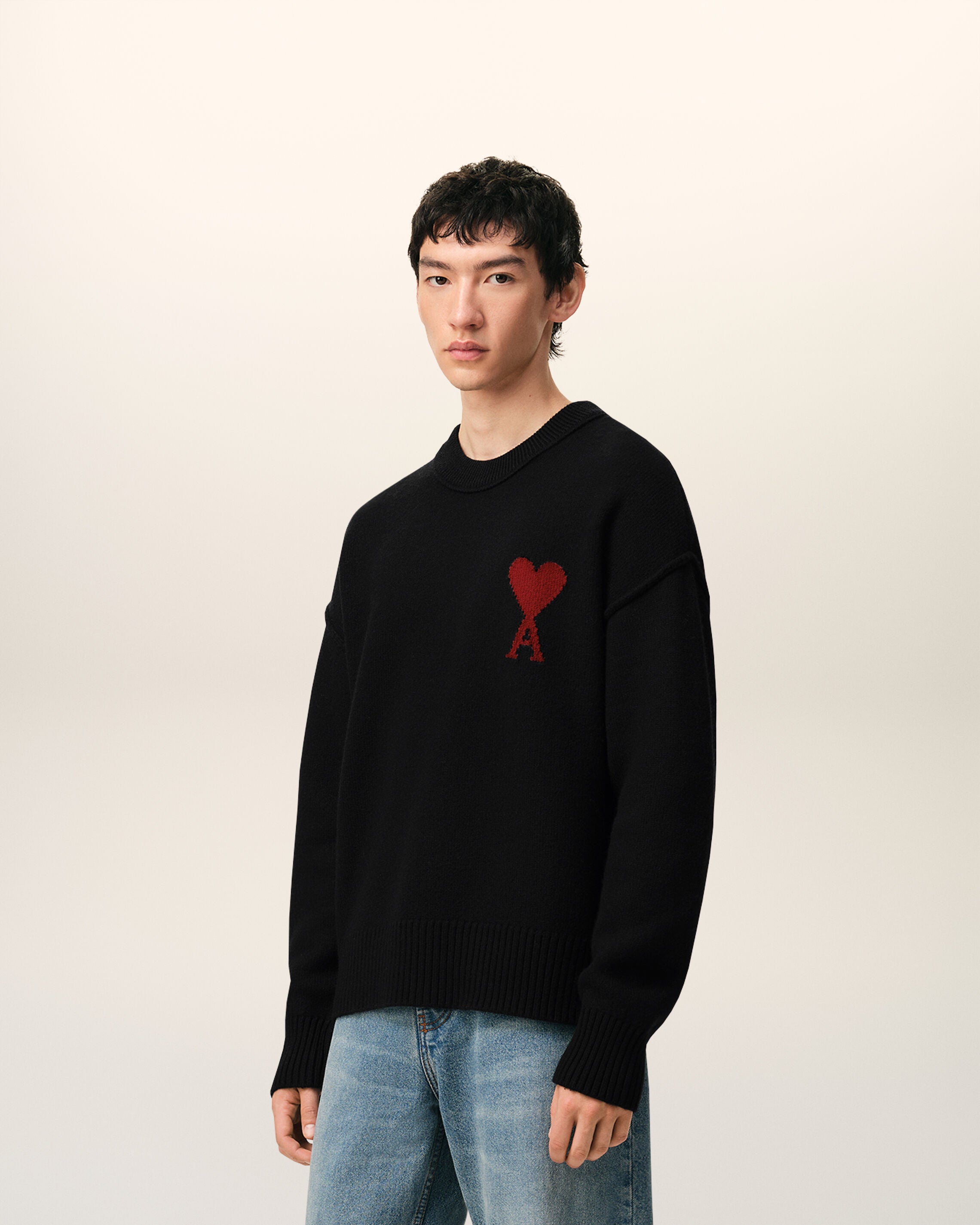Black Wool Crewneck Sweater With Contrasted Ami De Coeur - 6