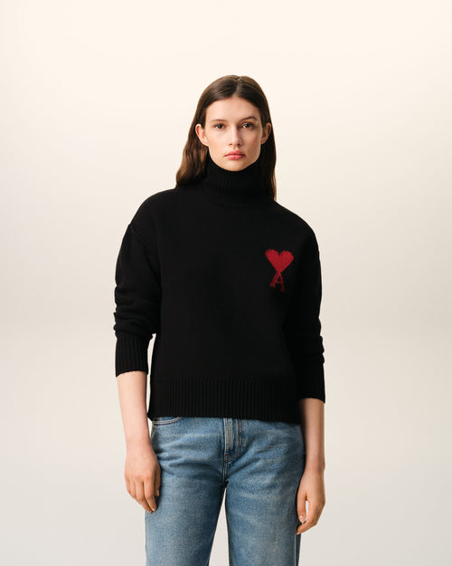 Black Wool Funnel Neck Sweater With Contrasted Ami De Coeur - 8 - Ami Paris