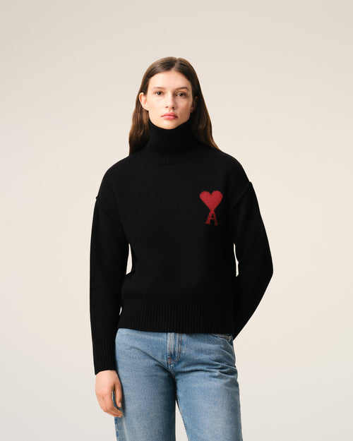 Black Wool Funnel Neck Sweater With Contrasted Ami De Coeur - Woman - 9 - AMI Paris - Ami Paris