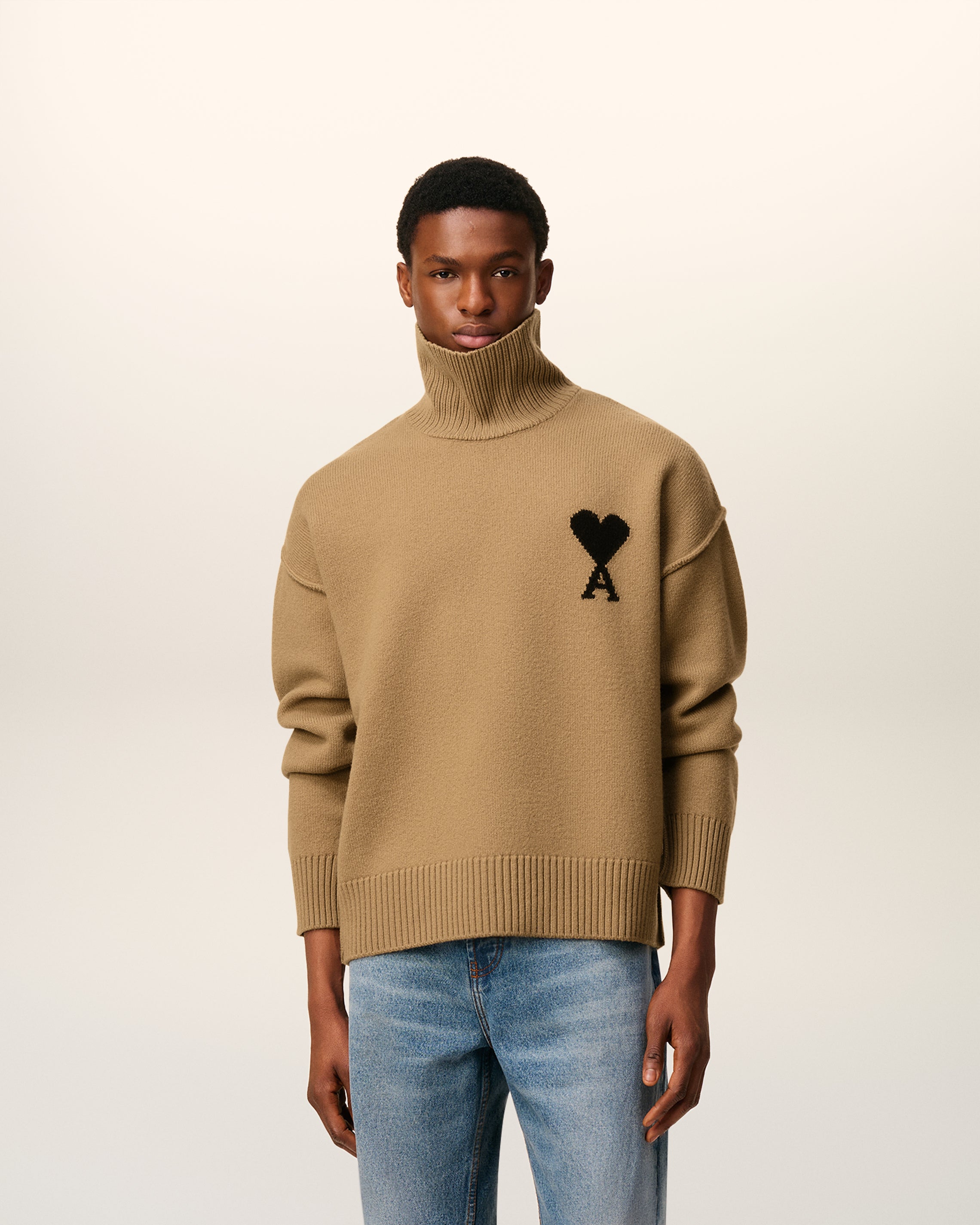 CAMEL/BLACK Brown Wool Ami De Coeur Funnel Neck Sweater
