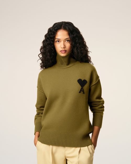 Khaki Wool Ami De Coeur Funnel Neck Sweater - 9 - Ami Paris