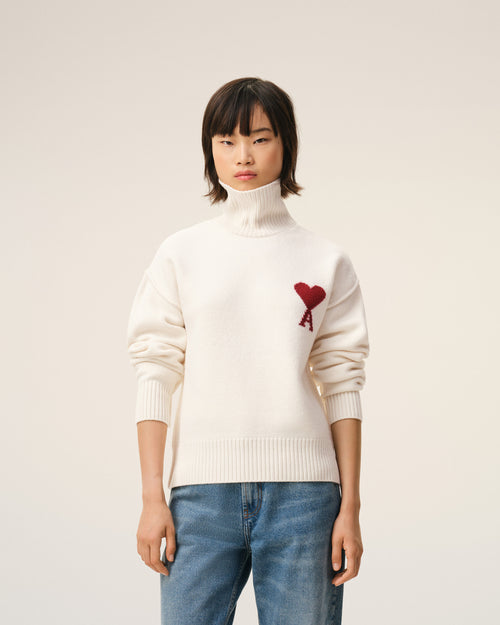 Natural Wool Funnel Neck Sweater With Contrasted Ami De Coeur - Woman - 9 - AMI Paris - Ami Paris