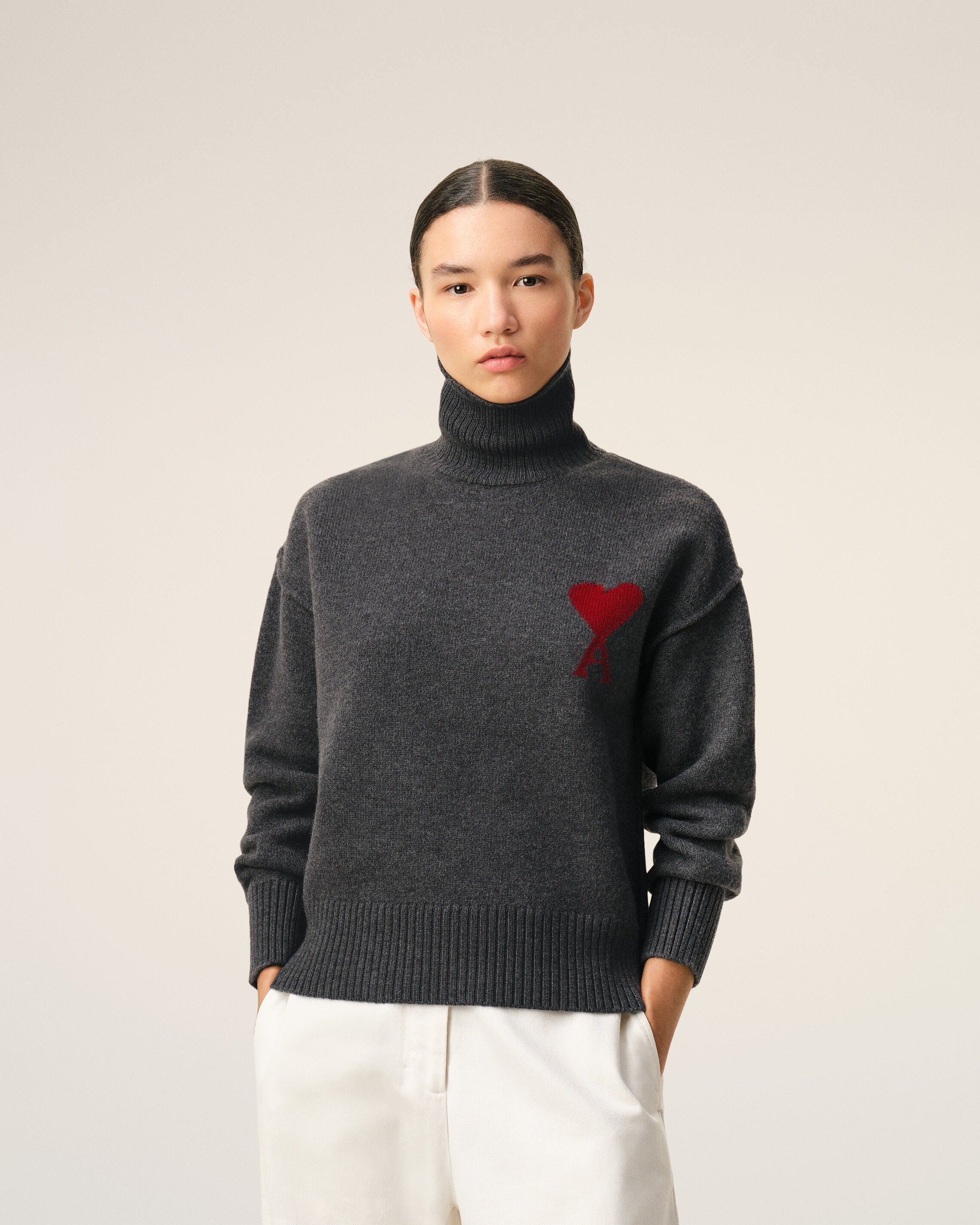 Grey Wool Funnel Neck Sweater With Contrasted Ami De Coeur - 9