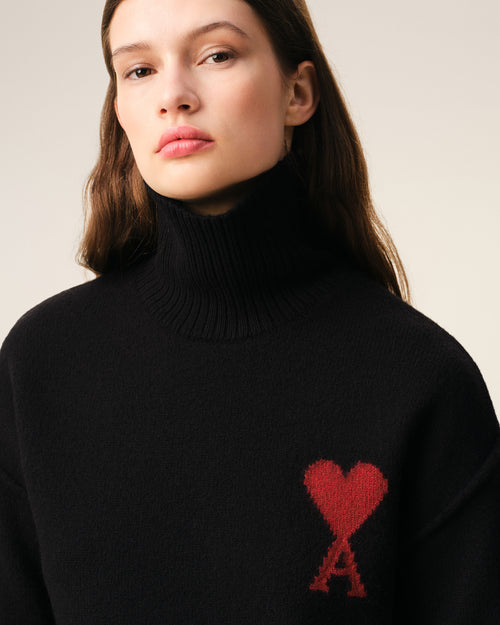 Black Wool Funnel Neck Sweater With Contrasted Ami De Coeur - Woman - 10 - AMI Paris - Ami Paris