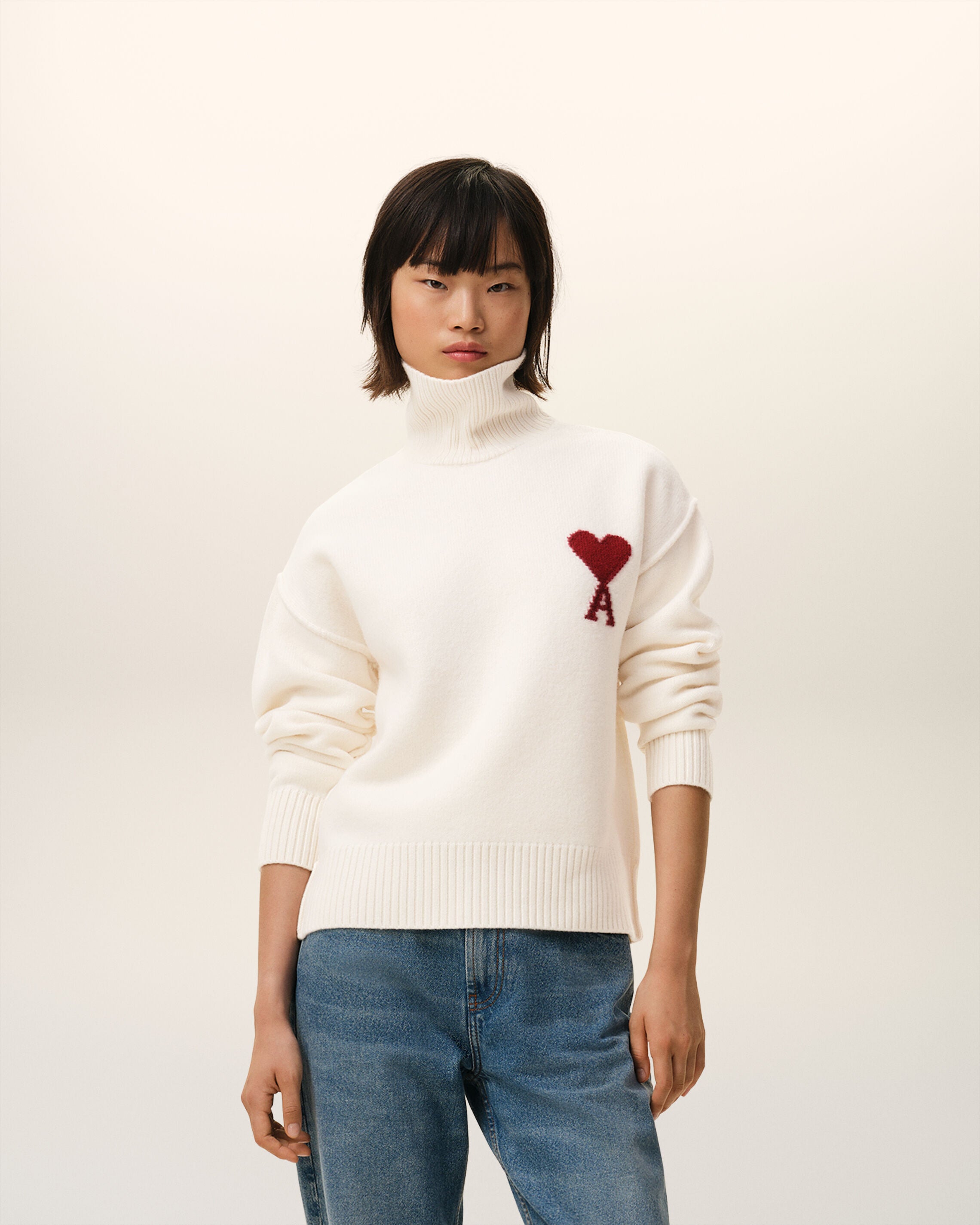 Natural Wool Funnel Neck Sweater With Contrasted Ami De Coeur - 8