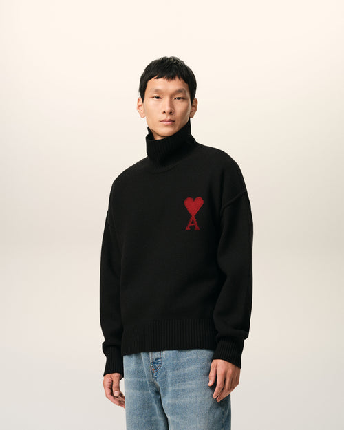 Black Wool Funnel Neck Sweater With Contrasted Ami De Coeur - Man - 6 - AMI Paris - Ami Paris