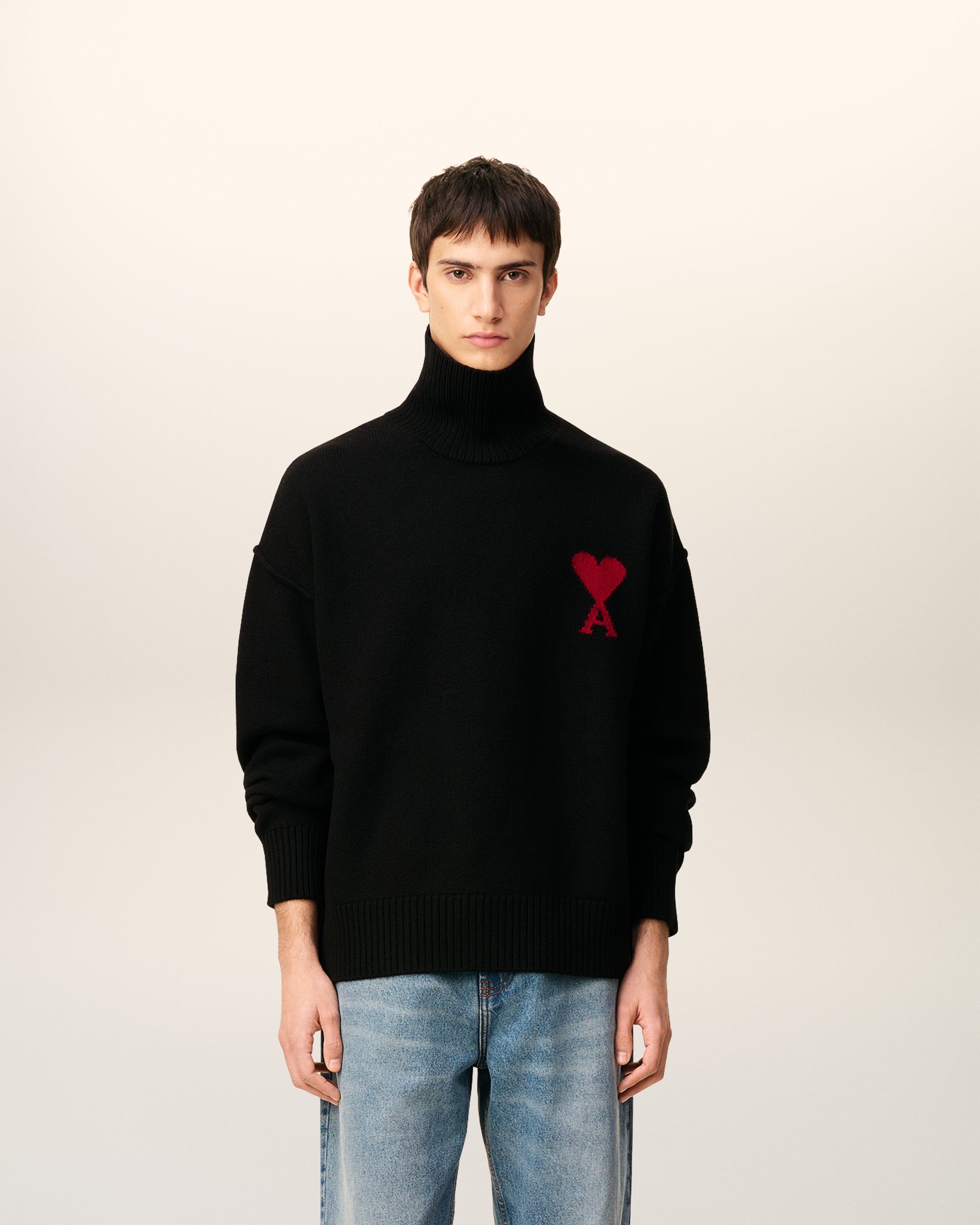 BLACK/RED Black Wool Ami De Coeur Funnel Neck Sweater | AMI PARIS