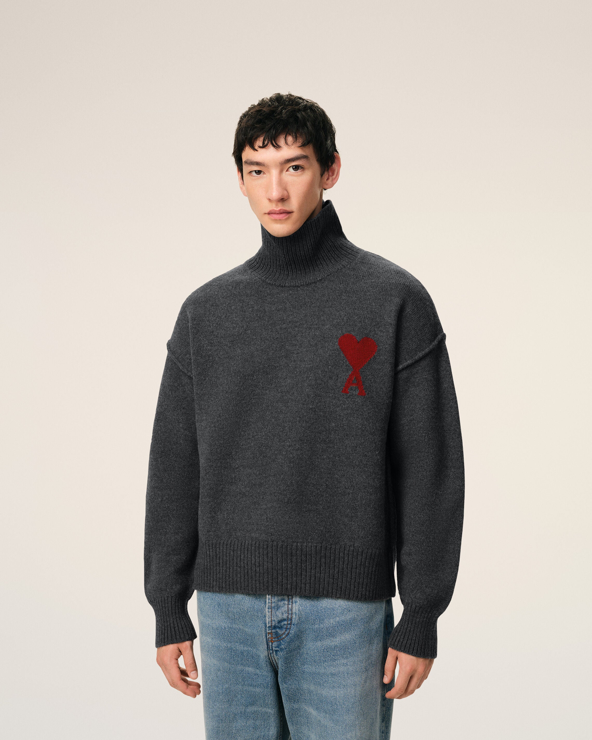 Grey Wool Funnel Neck Sweater With Contrasted Ami De Coeur - 3