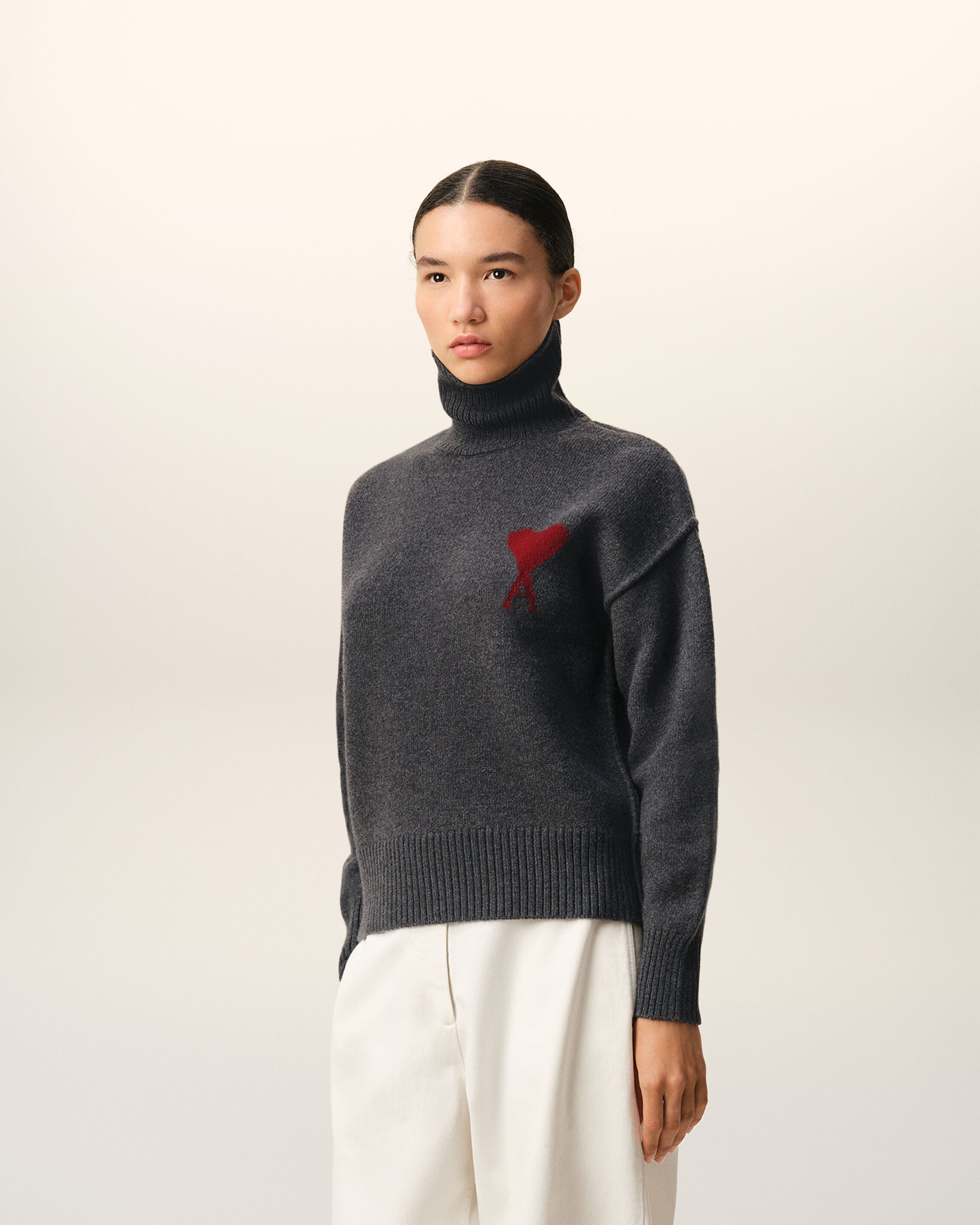 Grey Wool Funnel Neck Sweater With Contrasted Ami De Coeur - 12