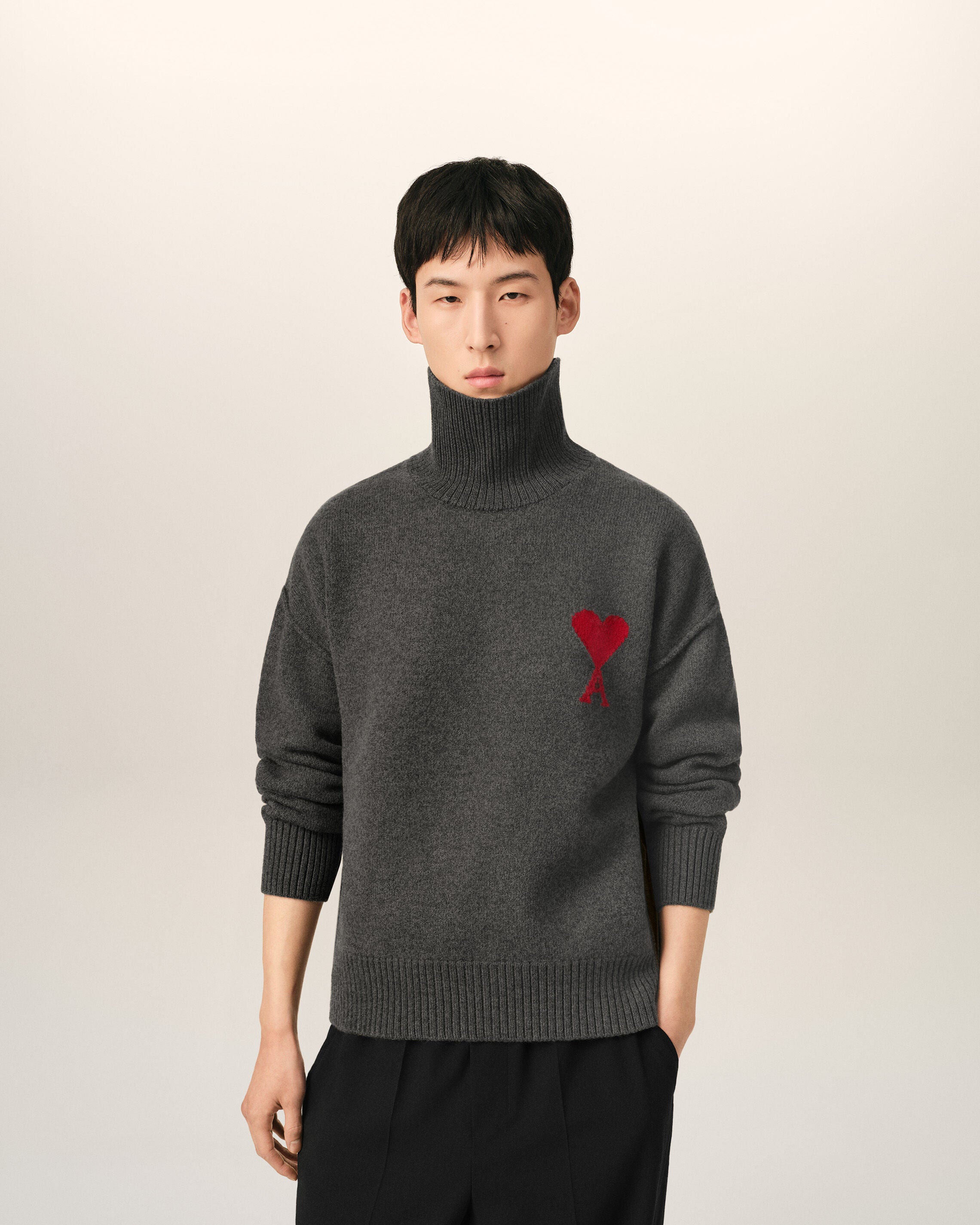 Grey funell neck wool sweater with Ami De Coeur - 2