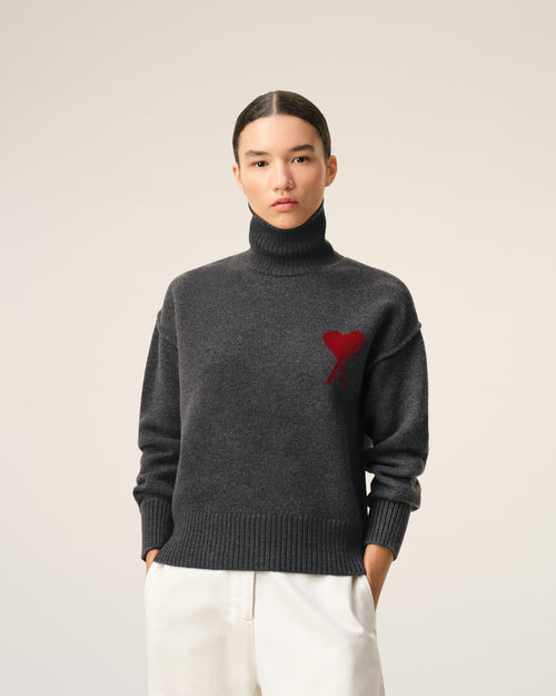 Grey Wool Funnel Neck Sweater With Contrasted Ami De Coeur - 9 - Ami Paris