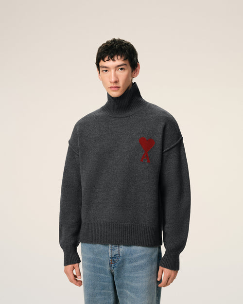 Grey Wool Funnel Neck Sweater With Contrasted Ami De Coeur - 3 - Ami Paris
