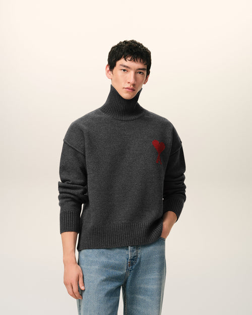 Grey Wool Funnel Neck Sweater With Contrasted Ami De Coeur - 1 - Ami Paris