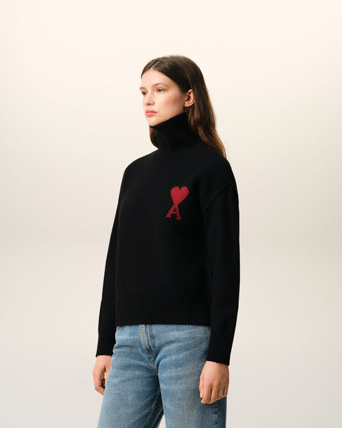 Black Wool Funnel Neck Sweater With Contrasted Ami De Coeur - Woman - 12 - AMI Paris - Ami Paris