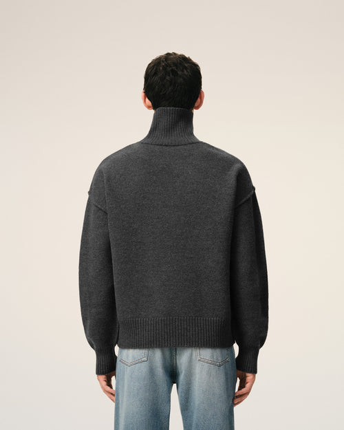Grey Wool Funnel Neck Sweater With Contrasted Ami De Coeur - 5 - Ami Paris