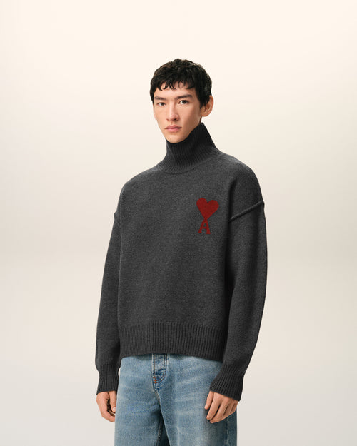 Grey Wool Funnel Neck Sweater With Contrasted Ami De Coeur - Man - 6 - AMI Paris - Ami Paris