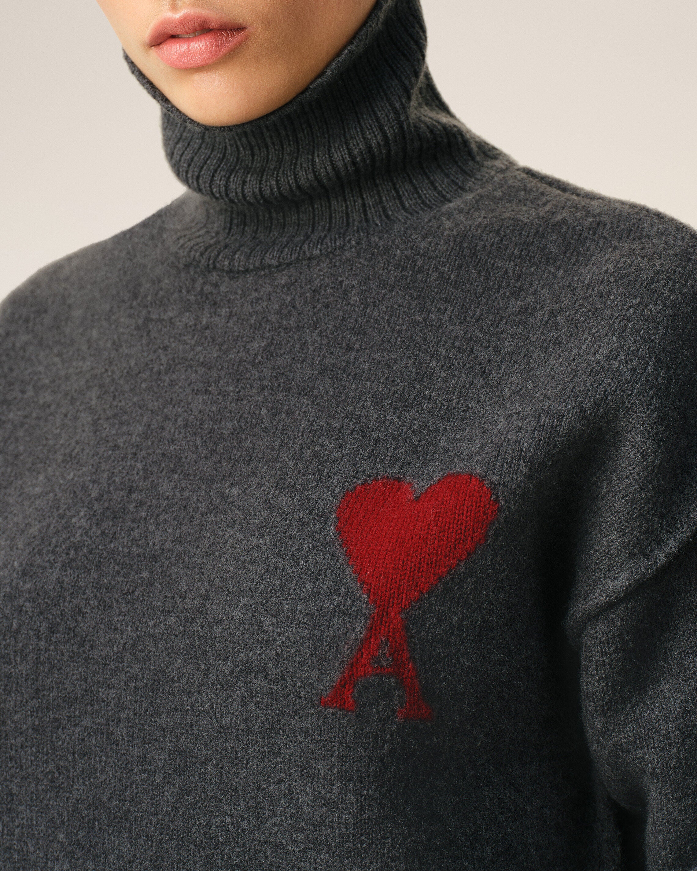Grey Wool Funnel Neck Sweater With Contrasted Ami De Coeur - 10