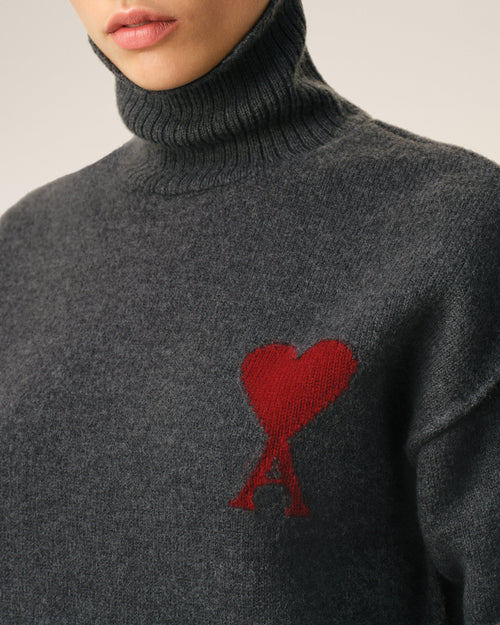 Grey Wool Funnel Neck Sweater With Contrasted Ami De Coeur - Woman - 10 - AMI Paris - Ami Paris