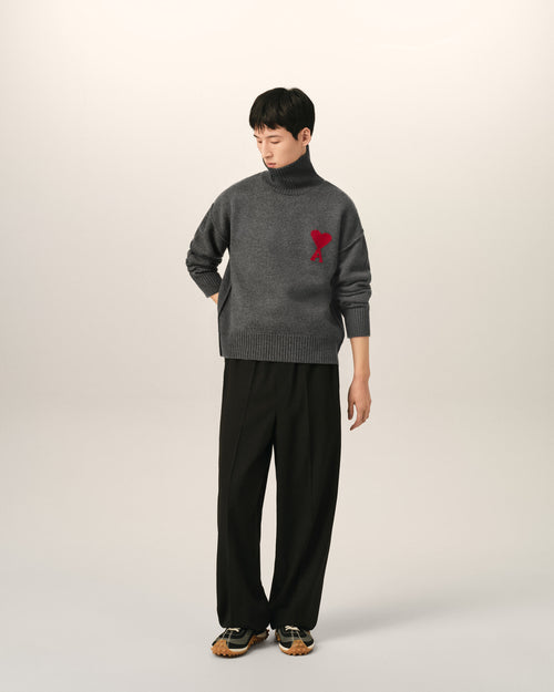 Grey funell neck wool sweater with Ami De Coeur - Man - 3 - AMI Paris - Ami Paris