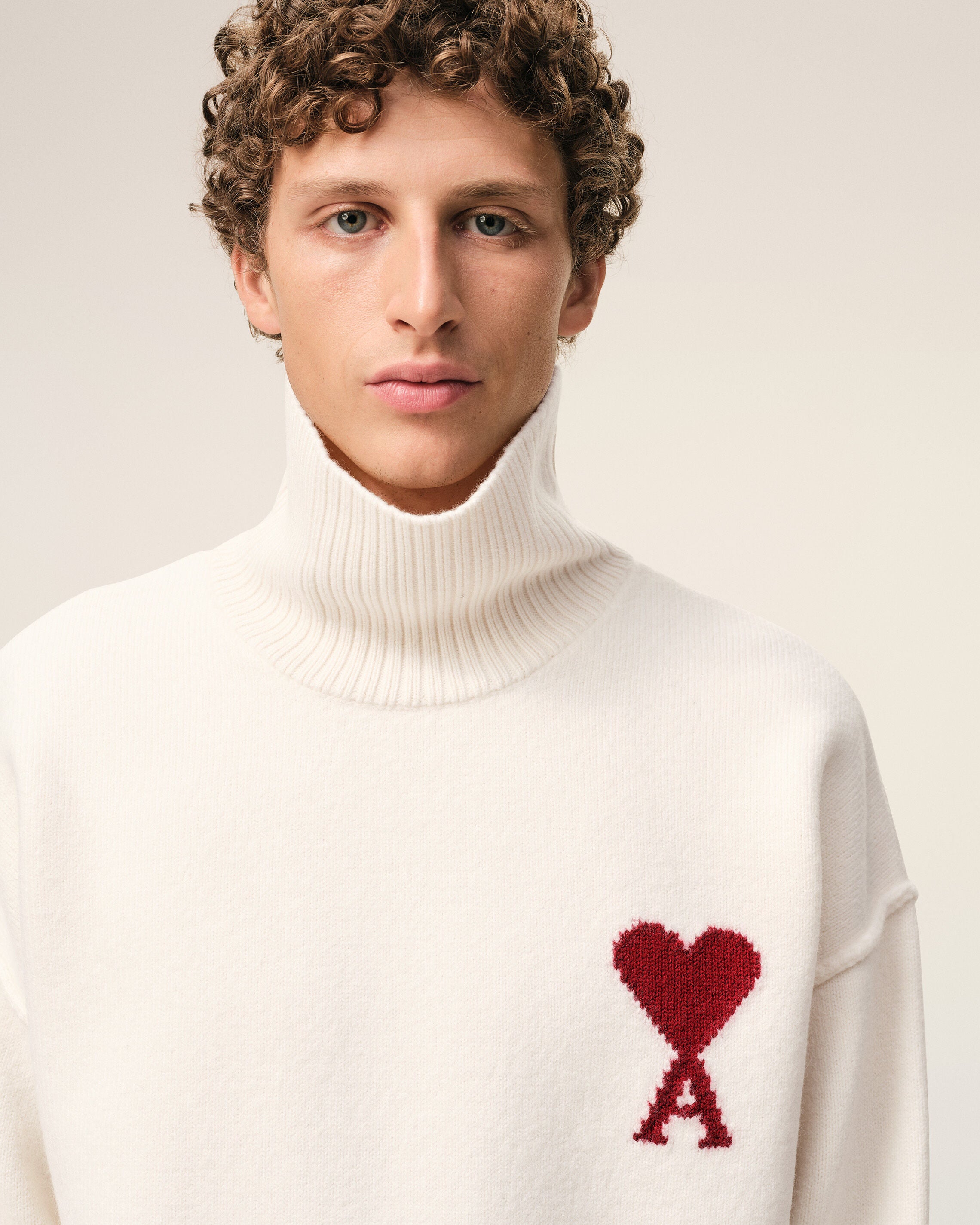 Natural Wool Funnel Neck Sweater With Contrasted Ami De Coeur - 4
