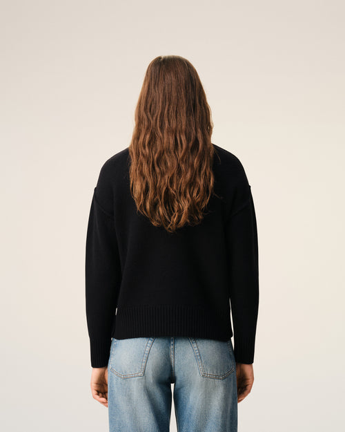 Black Wool Funnel Neck Sweater With Contrasted Ami De Coeur - 11 - Ami Paris