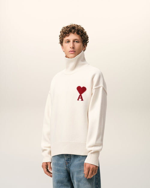 Natural Wool Funnel Neck Sweater With Contrasted Ami De Coeur - Man - 6 - AMI Paris - Ami Paris