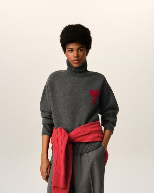 Grey funell neck wool sweater with Ami De Coeur - Woman - 8 - AMI Paris - Ami Paris