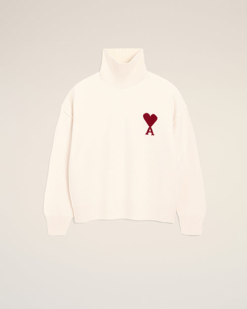 Natural funell neck wool sweater with Ami De Coeur - OFF WHITE/ RED - Ami Paris