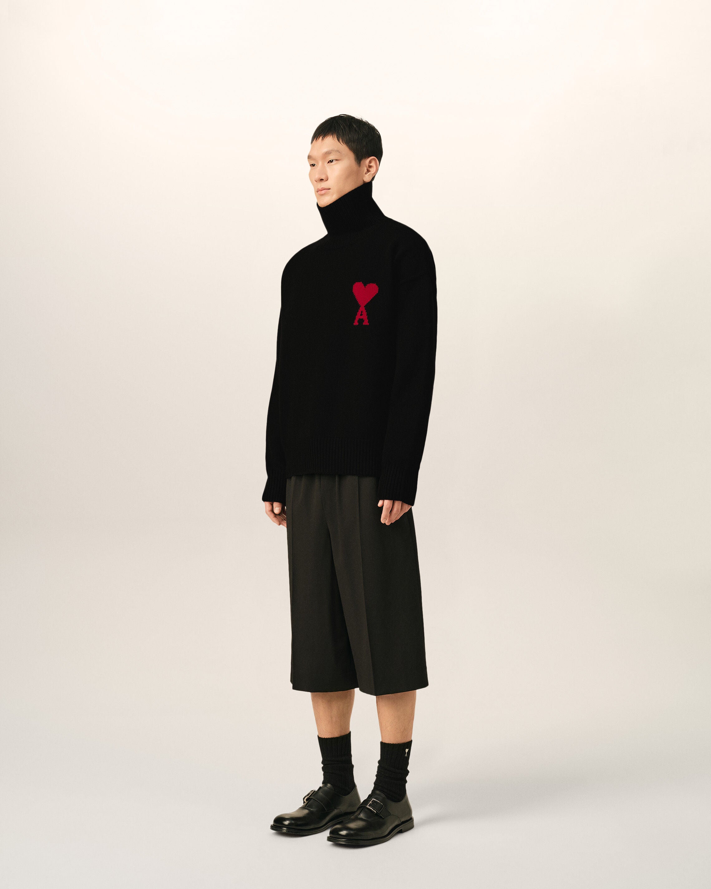 Black funell neck wool sweater with Ami De Coeur - 6