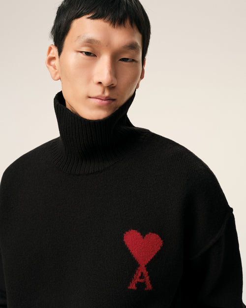 Black Wool Funnel Neck Sweater With Contrasted Ami De Coeur - Man - 4 - AMI Paris - Ami Paris