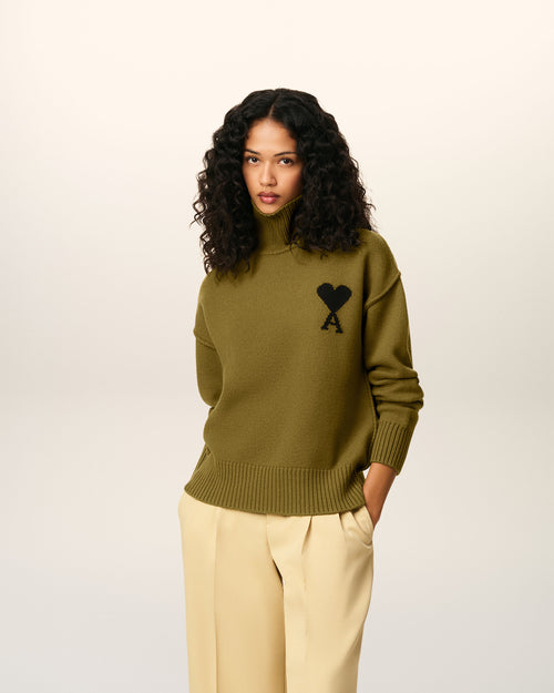                             Khaki Wool Ami De Coeur Funnel Neck Sweater - 3                         - Ami Paris