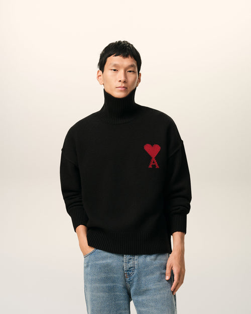 Black Wool Funnel Neck Sweater With Contrasted Ami De Coeur - Man - 2 - AMI Paris - Ami Paris