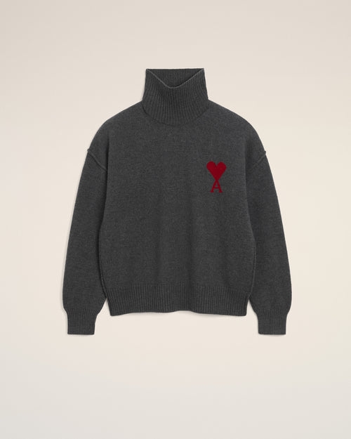 Grey Wool Funnel Neck Sweater With Contrasted Ami De Coeur - Woman - 7 - AMI Paris - Ami Paris