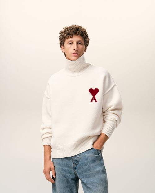 Natural Wool Funnel Neck Sweater With Contrasted Ami De Coeur - Man - 2 - AMI Paris - Ami Paris