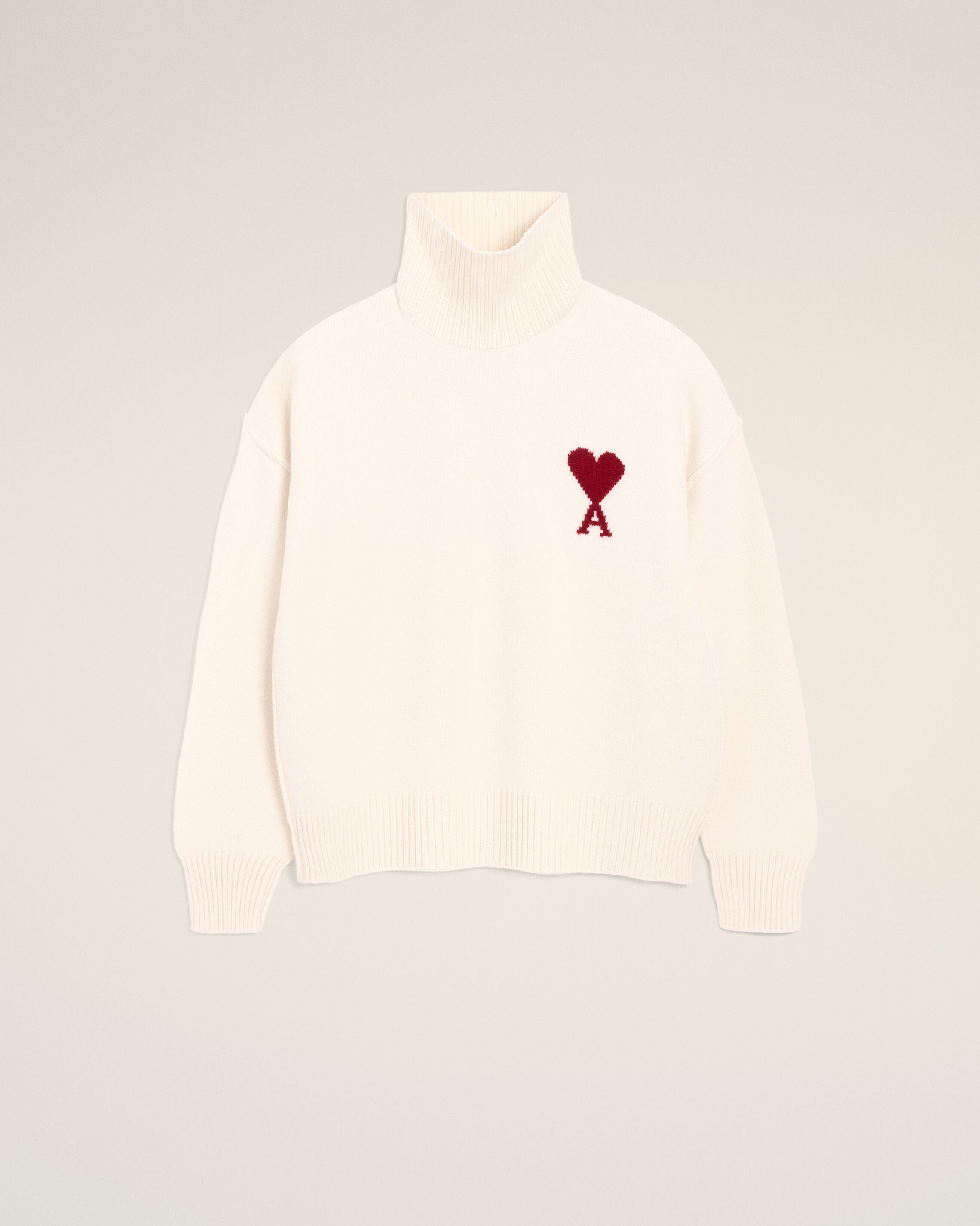 OFF WHITE/ RED White Wool Ami De Coeur Funnel Neck Sweater | AMI PARIS