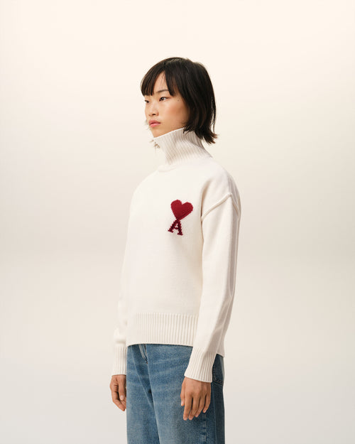 Natural Wool Funnel Neck Sweater With Contrasted Ami De Coeur - 11 - Ami Paris