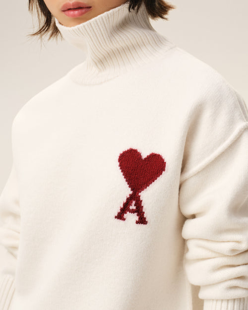 Natural Wool Funnel Neck Sweater With Contrasted Ami De Coeur - 10 - Ami Paris