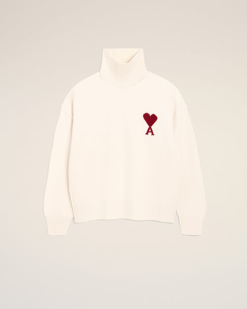Natural Wool Funnel Neck Sweater With Contrasted Ami De Coeur - Woman - 7 - AMI Paris - Ami Paris