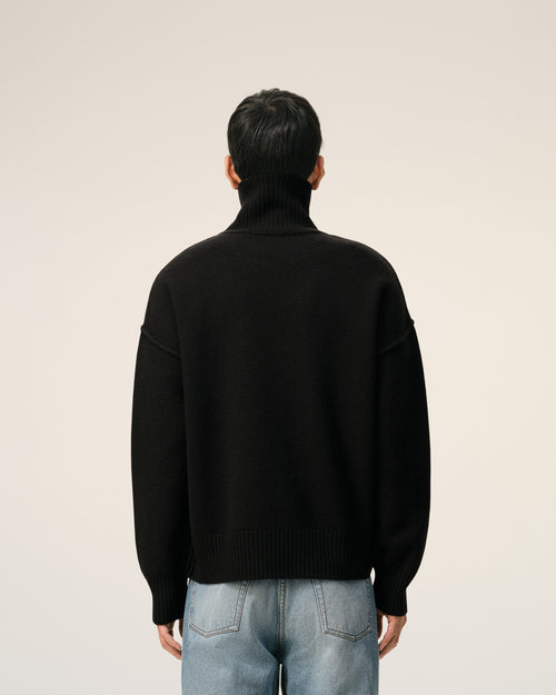Black Wool Funnel Neck Sweater With Contrasted Ami De Coeur - Man - 5 - AMI Paris - Ami Paris